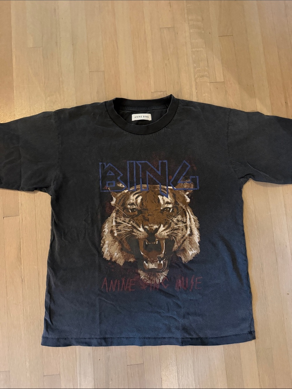 Anine Bing Black Tee with Brown Tiger Graphic